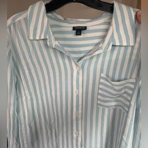 Light blue and white pine stripe long sleeve button down with left-side pocket.